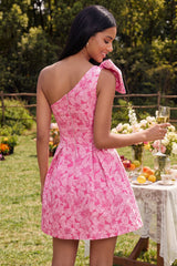 One Shoulder Floral A Line Fuchsia Mini Homecoming Dress with Bow
