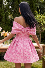Fuchsia Off the Shoulder Pleated Floral A Line Mini Homecoming Dress