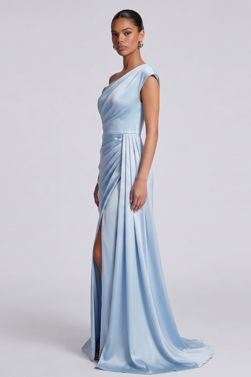 Mermaid Asymmetrical Neck Sky Blue Formal Dress with Slit