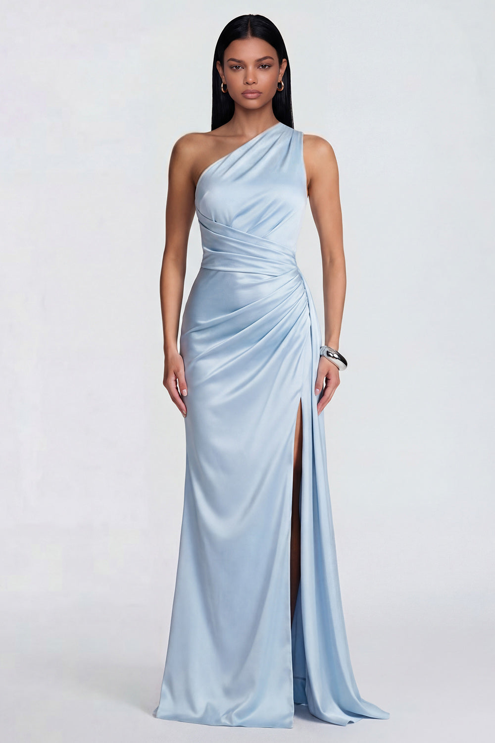 Sky Blue One Shoulder Mermaid Formal Dress with Side Streamer