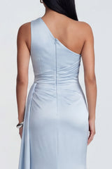 Sky Blue One Shoulder Mermaid Formal Dress with Side Streamer