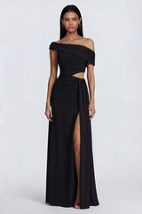 Black Cut Out One Shoulder Formal Dress with side streamer