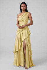 Yellow Tiered One Shoulder Ruffled Formal Dress with Slit