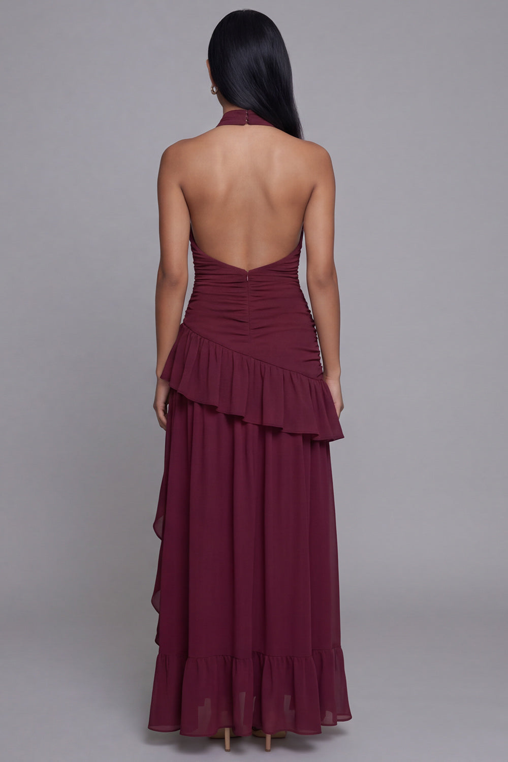High Neck Burgundy Cut Out Ruffled Formal Dress