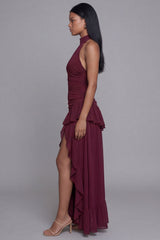 High Neck Burgundy Cut Out Ruffled Formal Dress