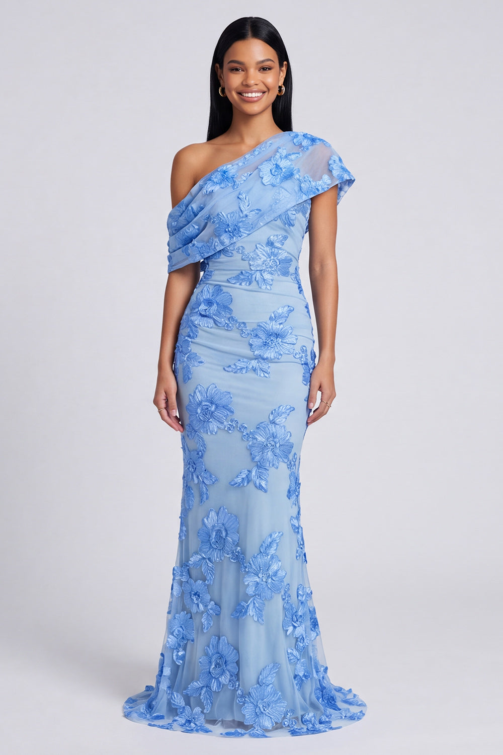 Yellow One Shoulder Floral Mermaid Long Wedding Guest Dress
