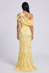 Yellow One Shoulder Floral Mermaid Long Wedding Guest Dress