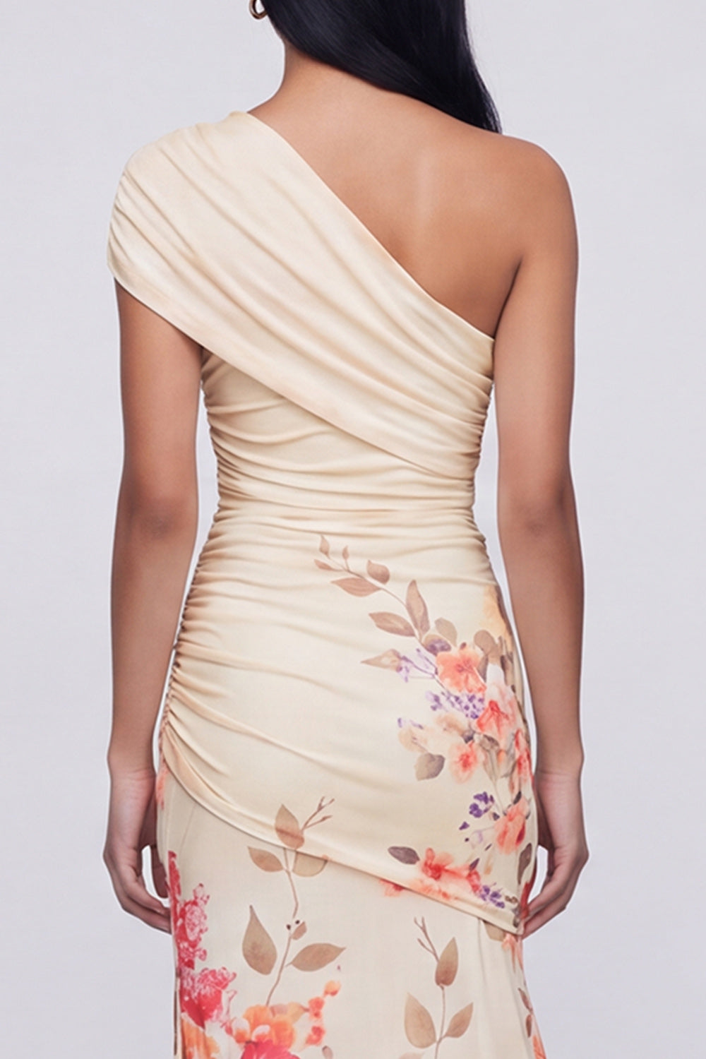 Champagne One Shoulder Floral Mermaid Wedding Guest Dress with Slit