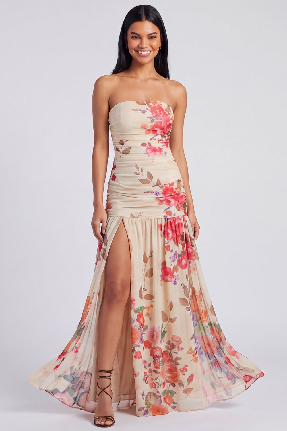 Ivory Floral Strapless Ruched Long Wedding Guest Dress with Slit
