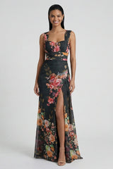 Black A Line Floral Long Wedding Guest Dress with Slit
