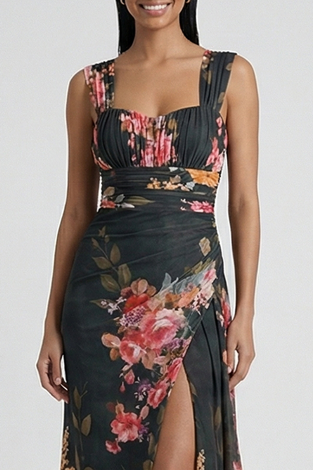 Black A Line Floral Long Wedding Guest Dress with Slit