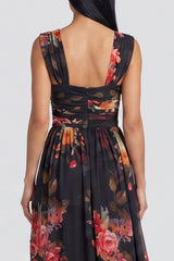 Floral Black A Line Ruched Wedding Guest Dress with Slit