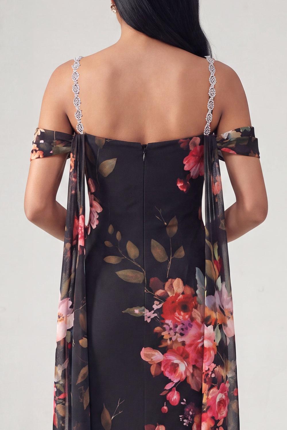 Sheath Black Cold Shoulder Floral Wedding Guest Dress with Sash
