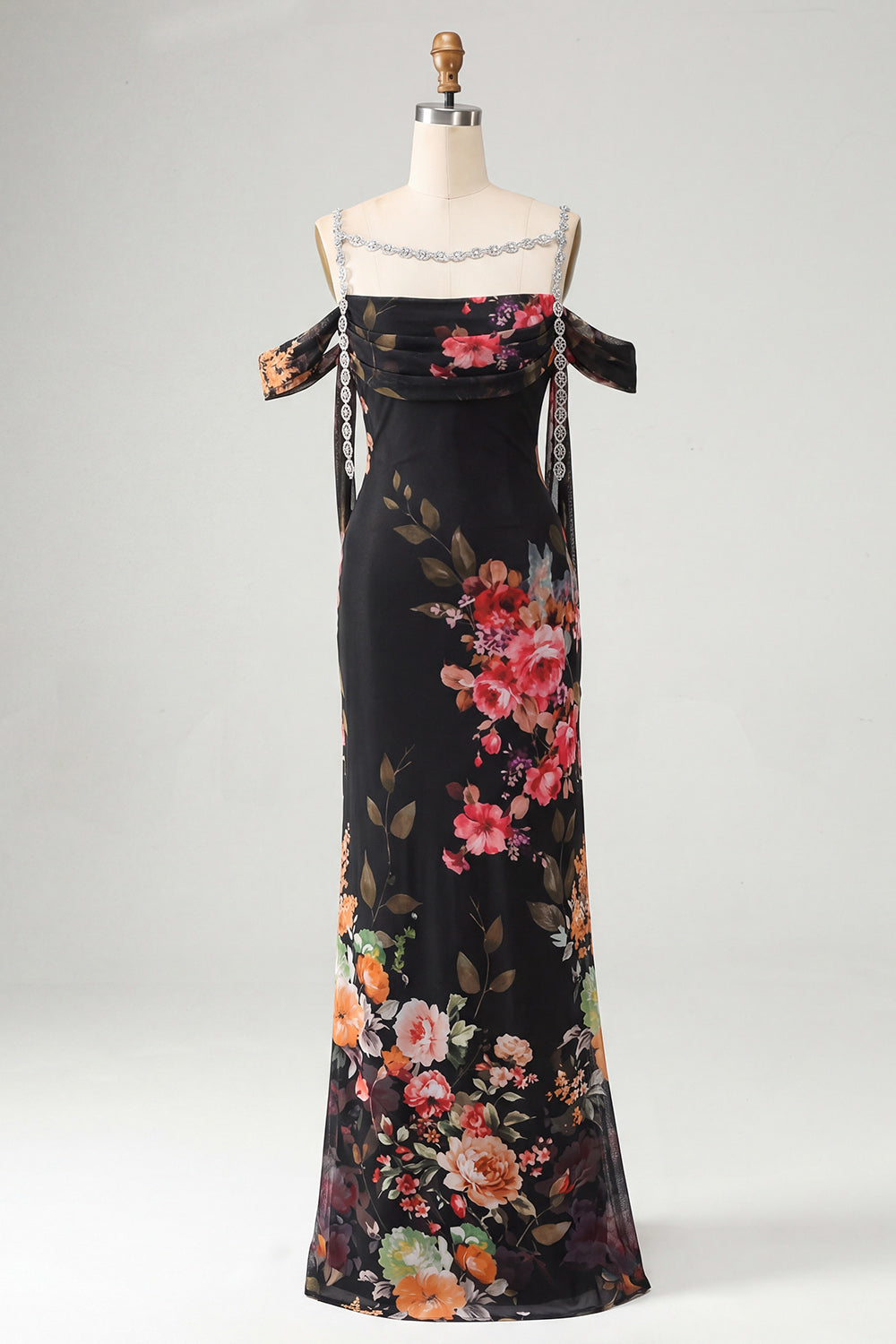 Sheath Black Cold Shoulder Floral Wedding Guest Dress with Sash