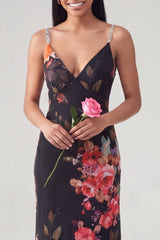 Mermaid V-Neck Black Floral Long Wedding Guest Dress