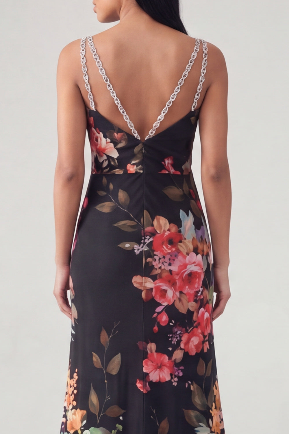 Mermaid V-Neck Black Floral Long Wedding Guest Dress
