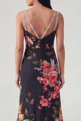 Mermaid V-Neck Black Floral Long Wedding Guest Dress