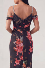 Floral Black Cold Shoulder Ruched Wedding Guest Dress