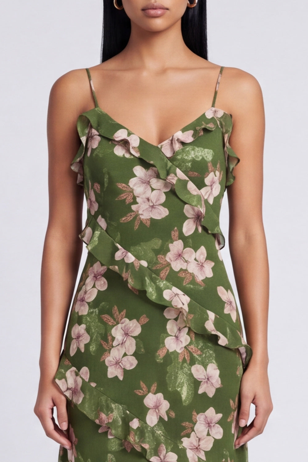 A Line Dark Green Spaghetti Straps Floral Wedding Guest Dress