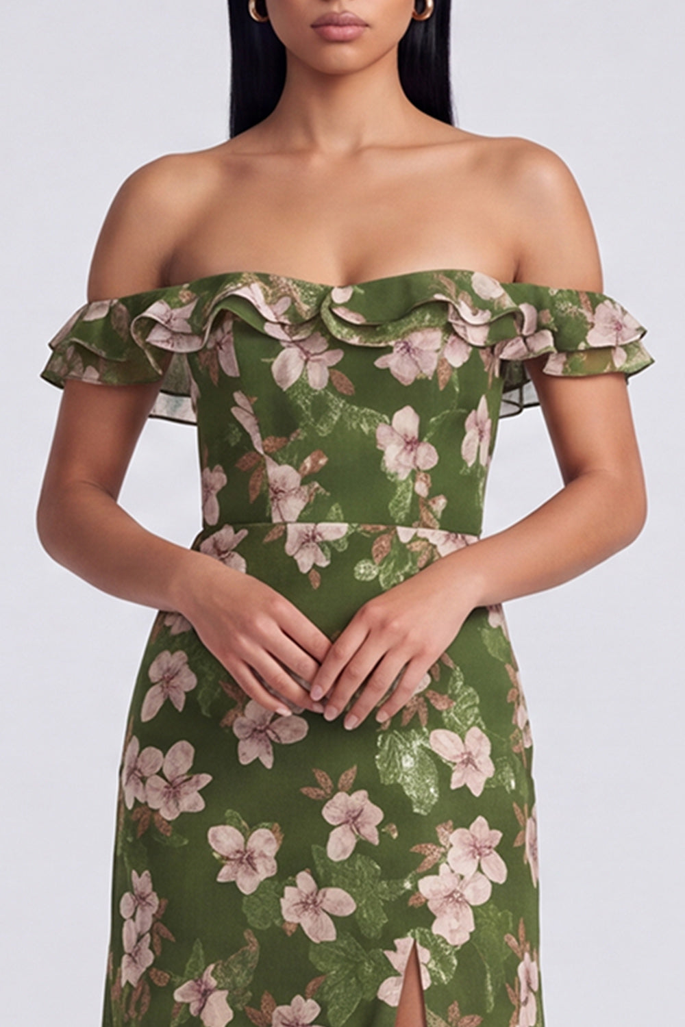 Off the Shoulder Dark Green Floral Wedding Guest Dress with Slit