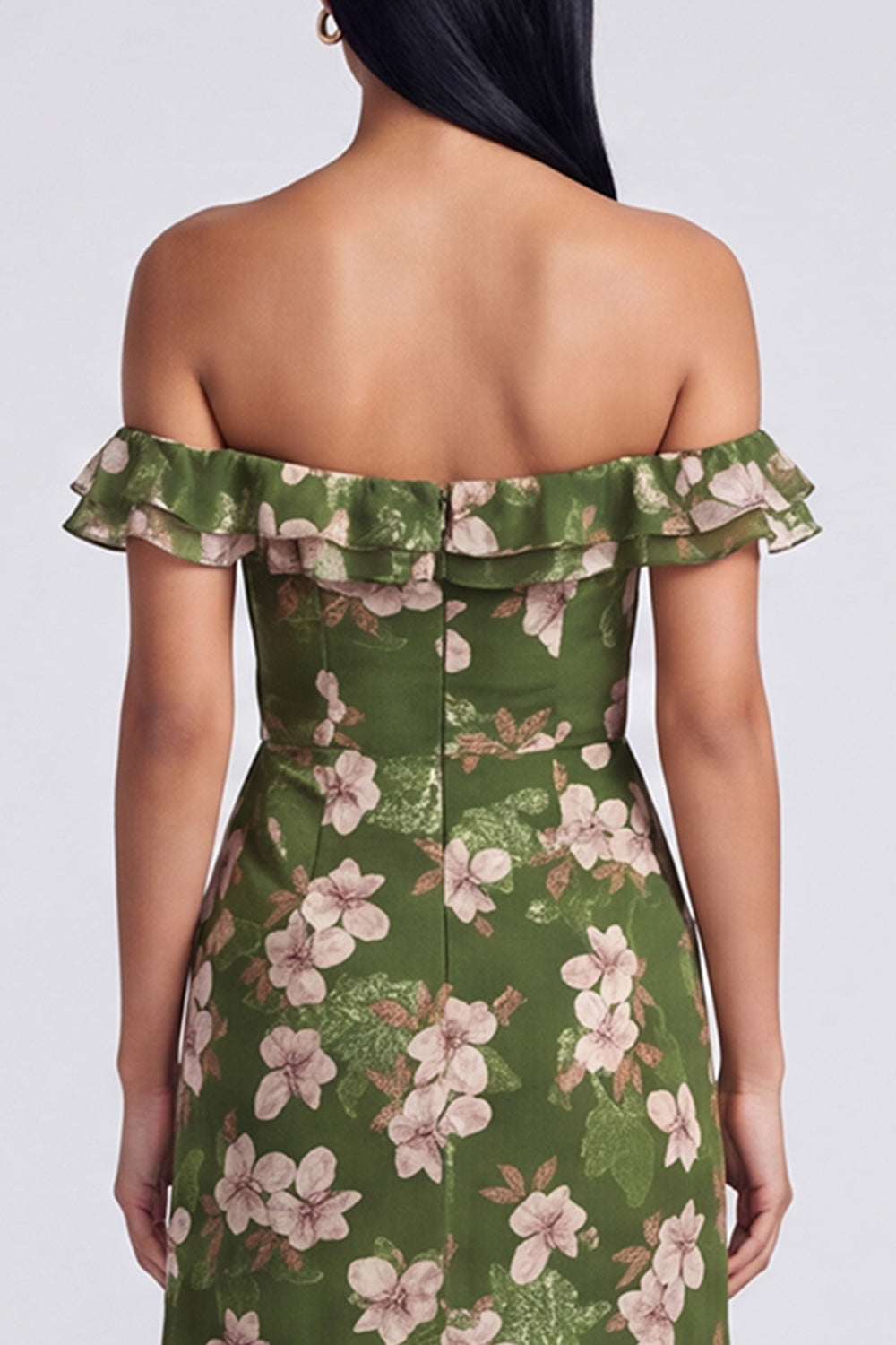 Off the Shoulder Dark Green Floral Wedding Guest Dress with Slit