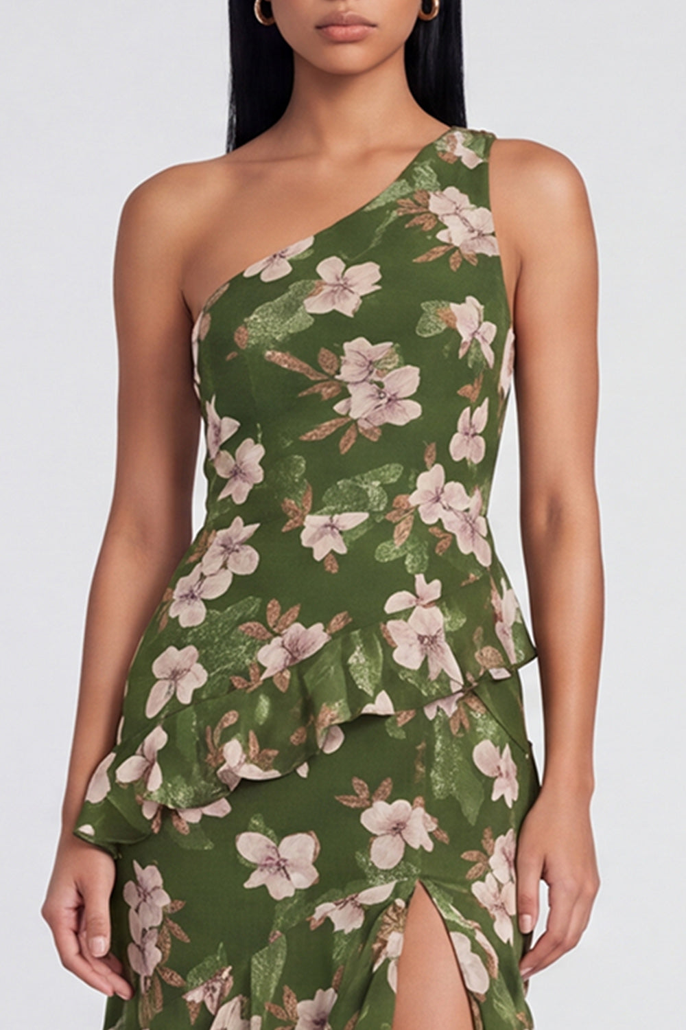 One Shoulder Mermaid Dark Green Floral Wedding Guest Dress with Slit