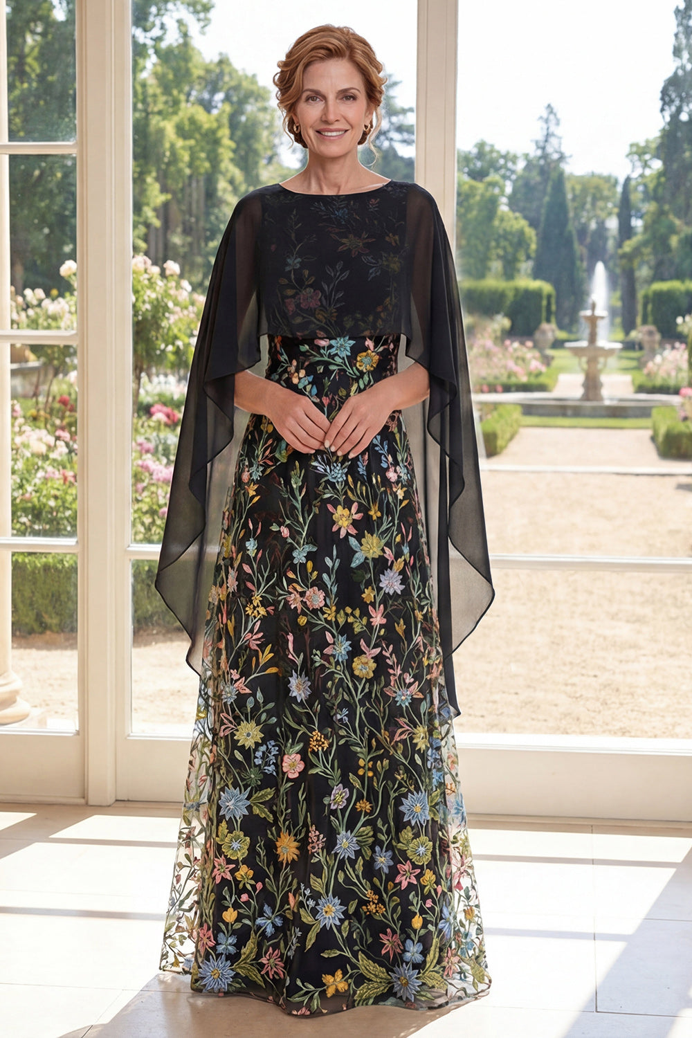 Boat Neck Black Floral A Line Maxi Mother of the Bride Dress