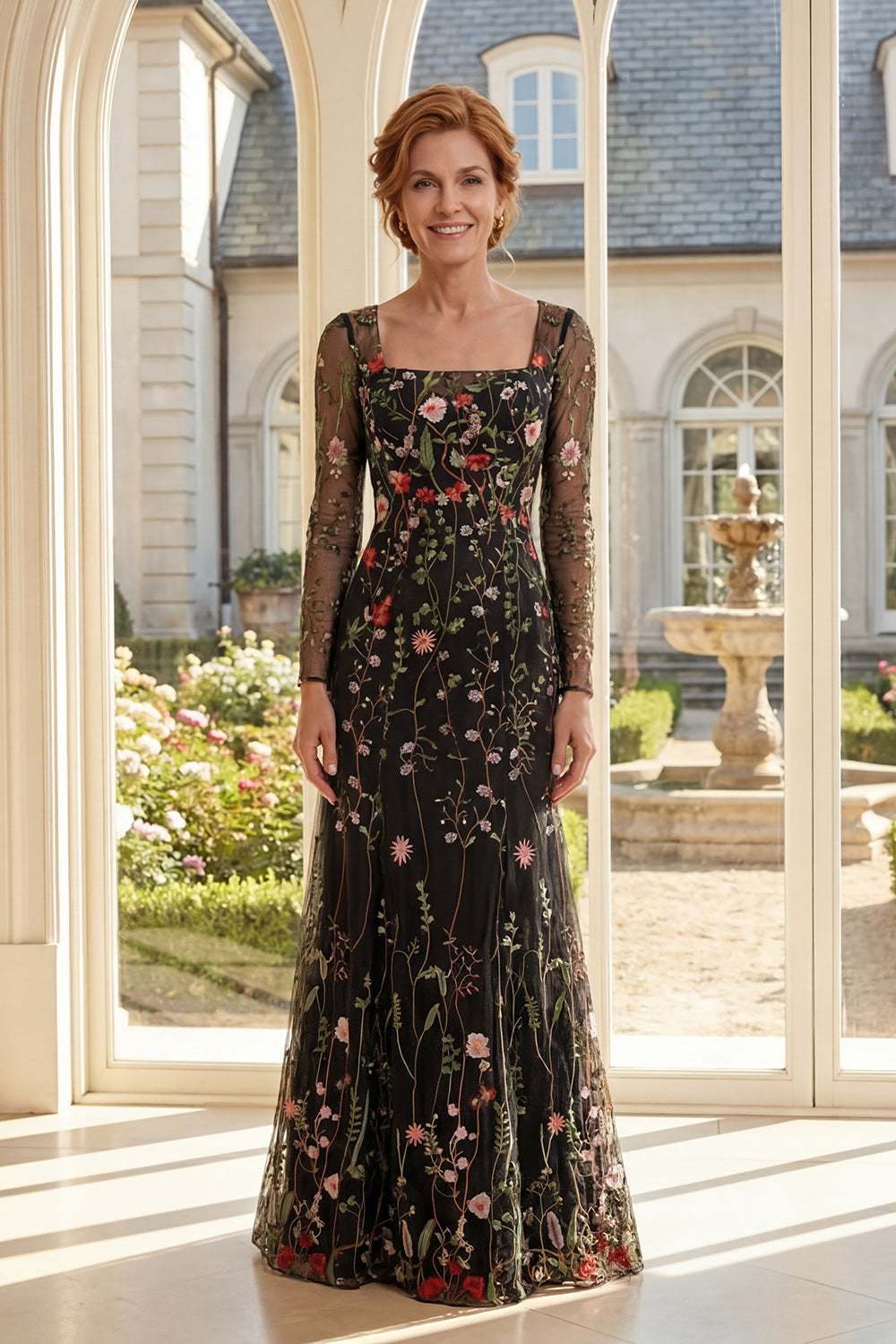 Long Sleeve Black Floral Mermaid Mother of the Bride Dress