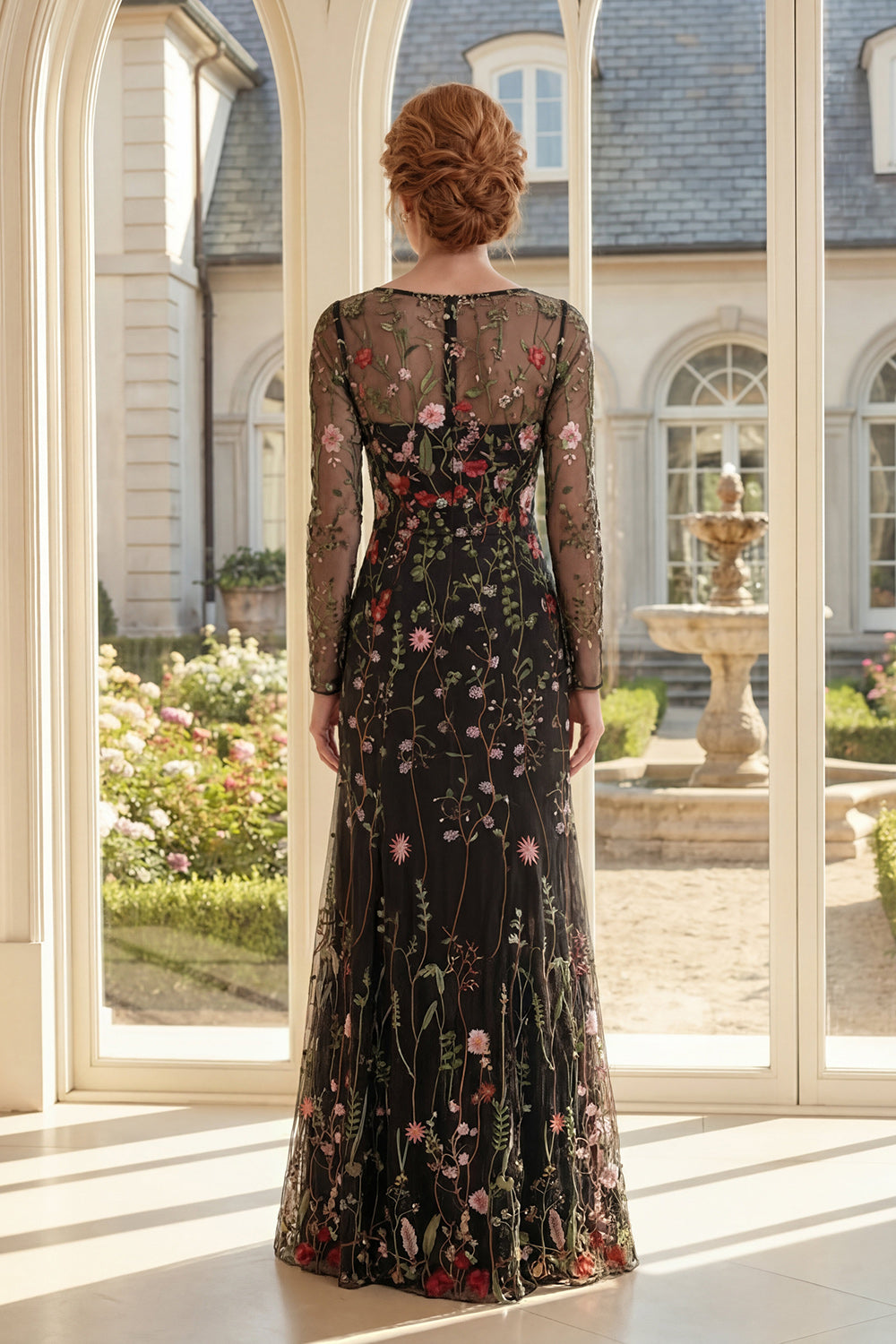 Long Sleeve Black Floral Mermaid Mother of the Bride Dress