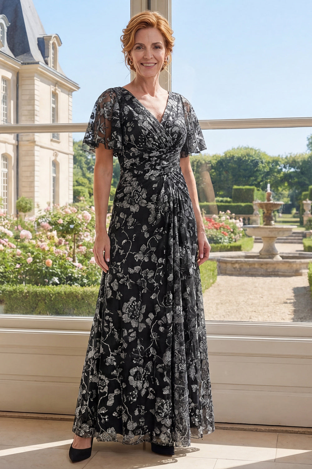 Black Appliqued A Line Ruched Mother of the Bride Dress