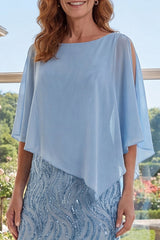 Sparkly Light Blue Sheath Mother of the Bride Dress with Cape