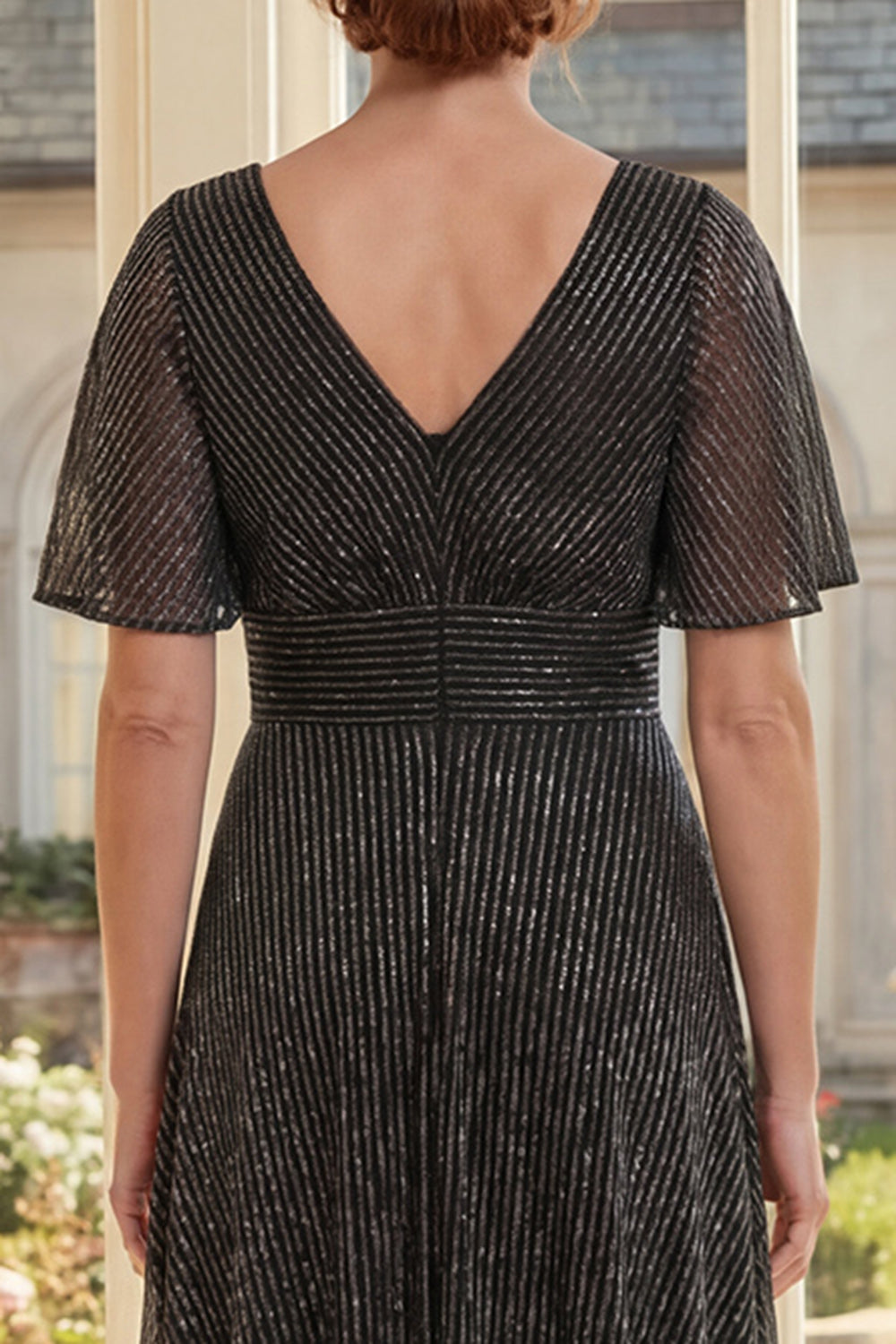 Metallic Black Short Sleeve A Line Mother of the Bride Dress