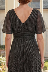 Metallic Black Short Sleeve A Line Mother of the Bride Dress