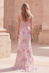 Pink Floral Sequin Square Neck Mermaid Maxi Prom Dress