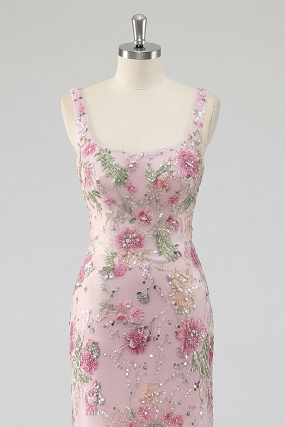 Pink Floral Sequin Square Neck Mermaid Maxi Prom Dress