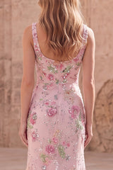 Pink Floral Sequin Square Neck Mermaid Maxi Prom Dress