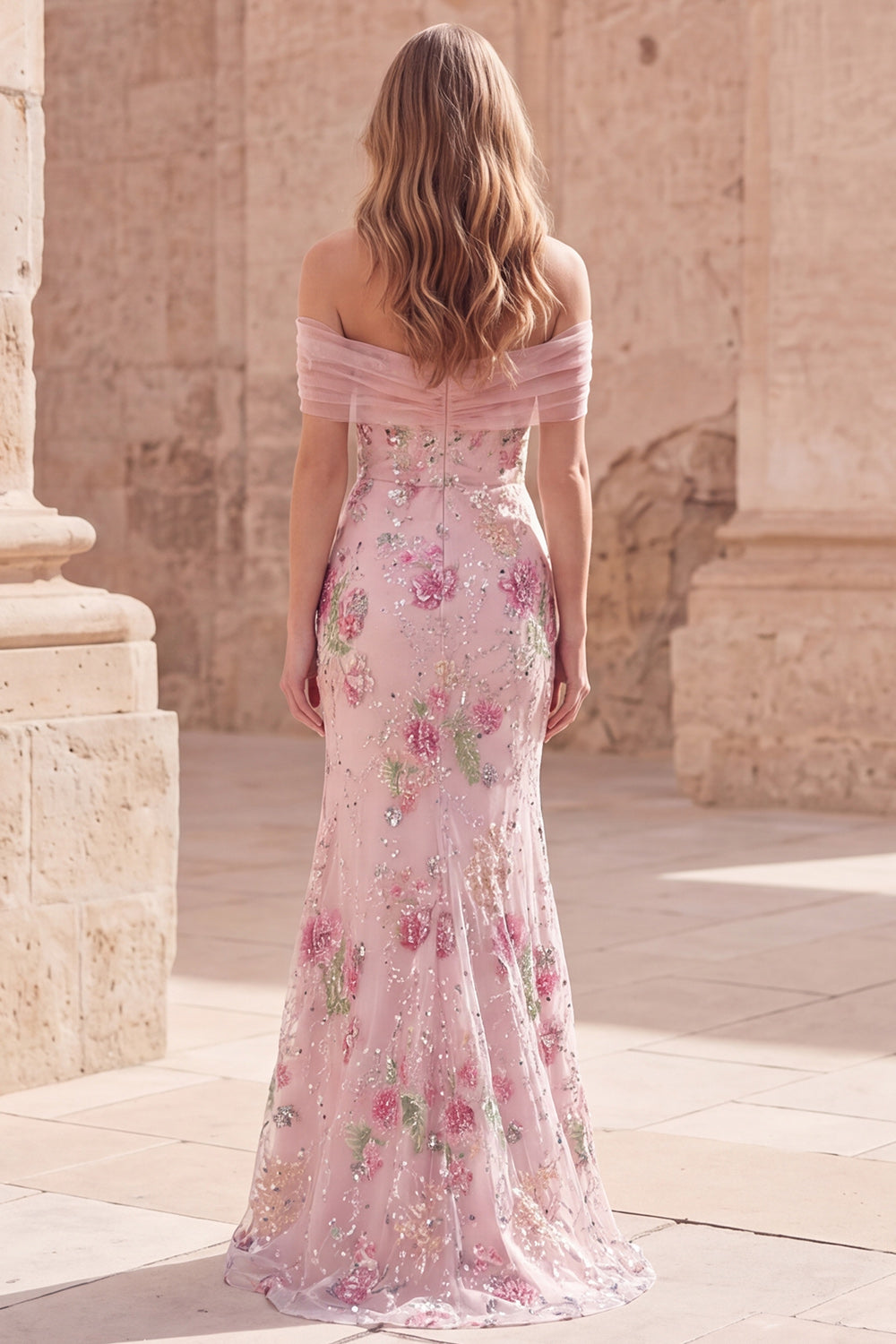 Off The Shoulder Pink Floral Sequin Mermaid Maxi Prom Dress