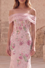 Off The Shoulder Pink Floral Sequin Mermaid Maxi Prom Dress