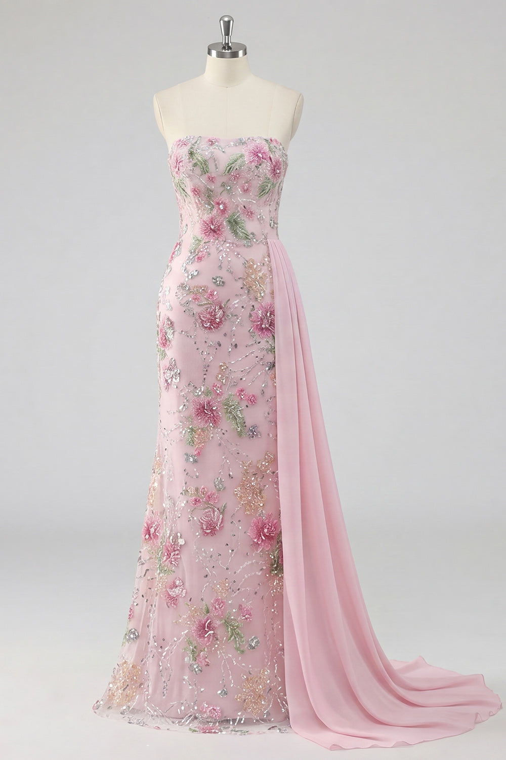 Strapless Pink Floral Sequin Mermaid Prom Dress with Side Streamer