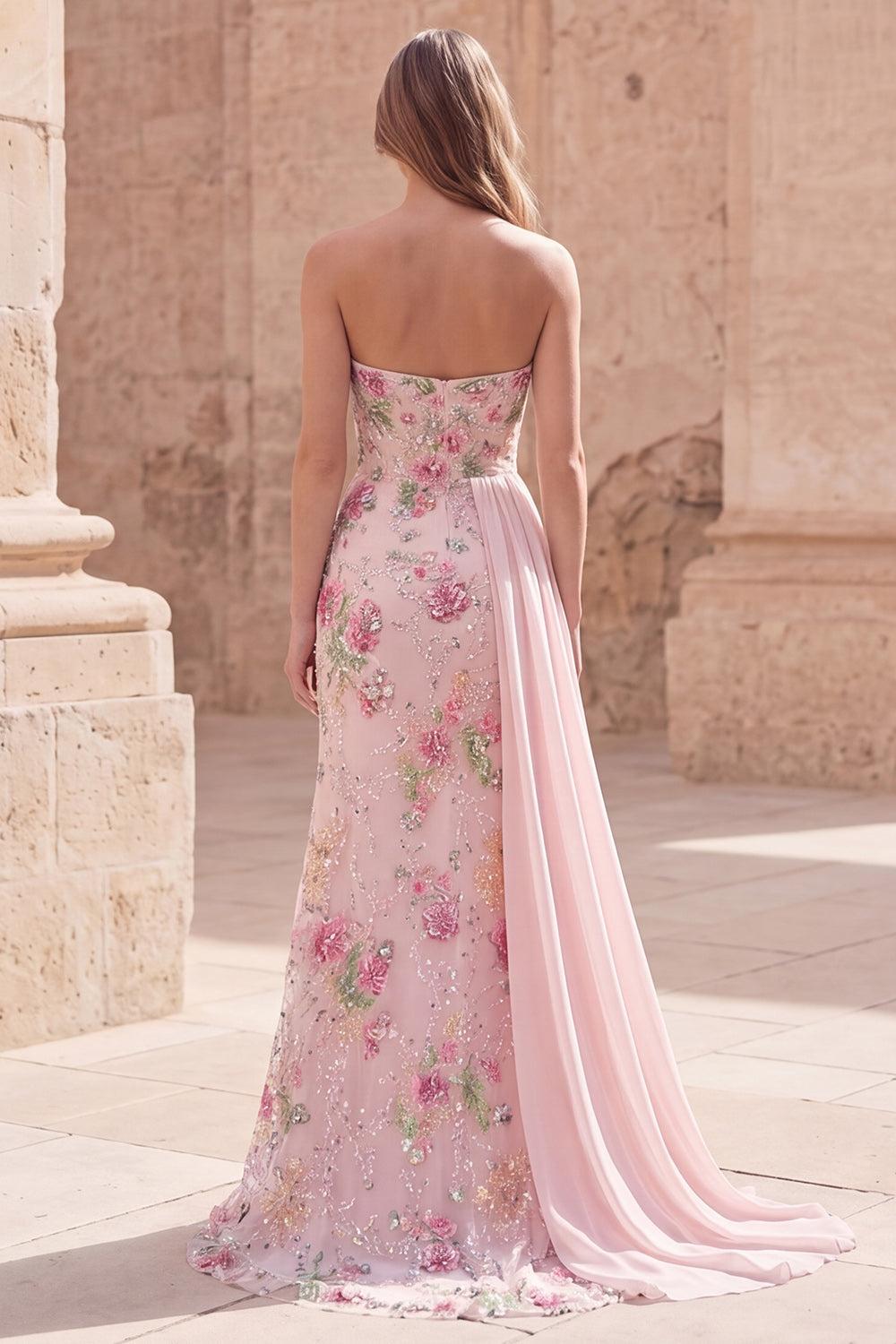 Strapless Pink Floral Sequin Mermaid Prom Dress with Side Streamer