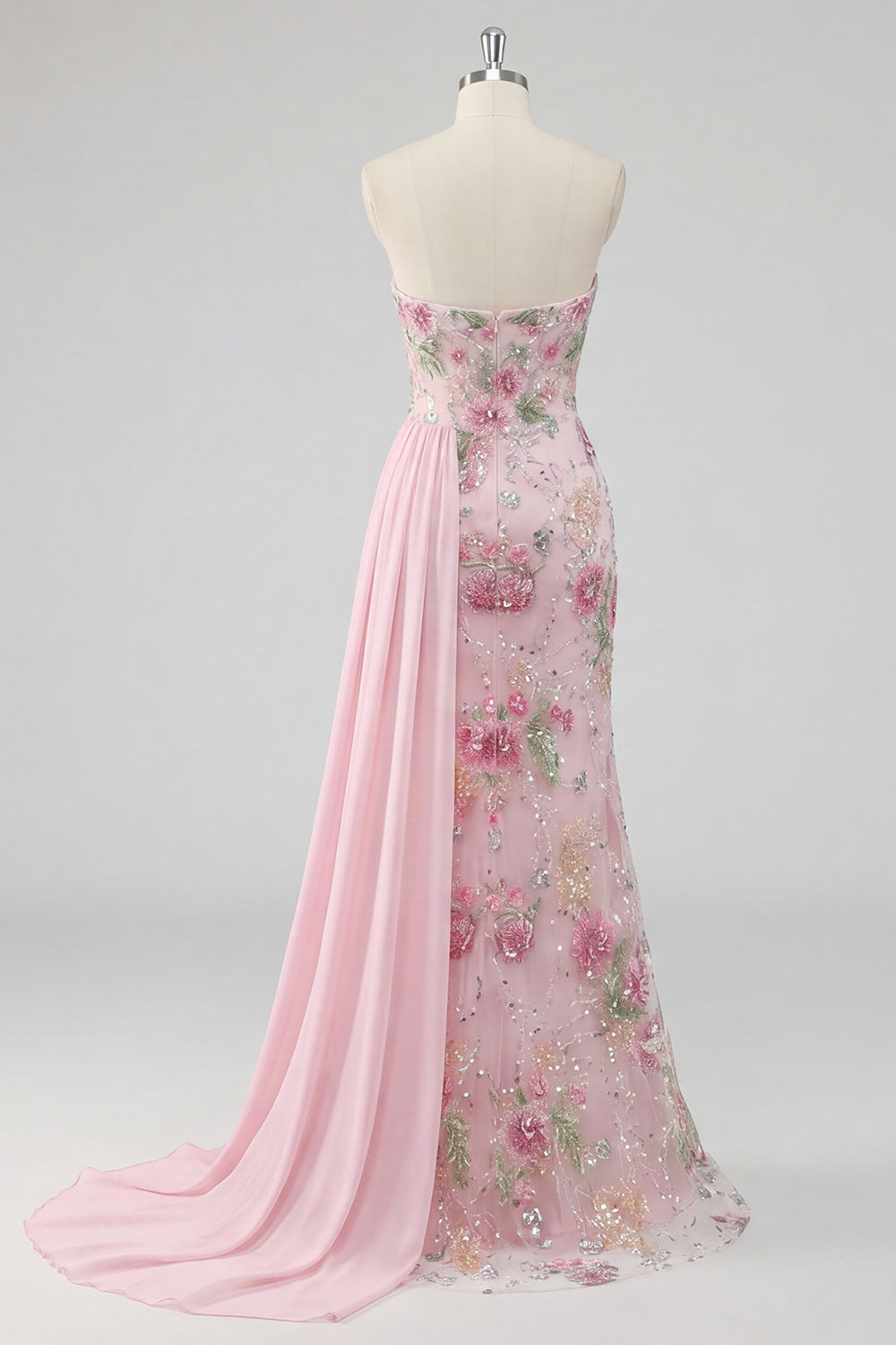 Strapless Pink Floral Sequin Mermaid Prom Dress with Side Streamer