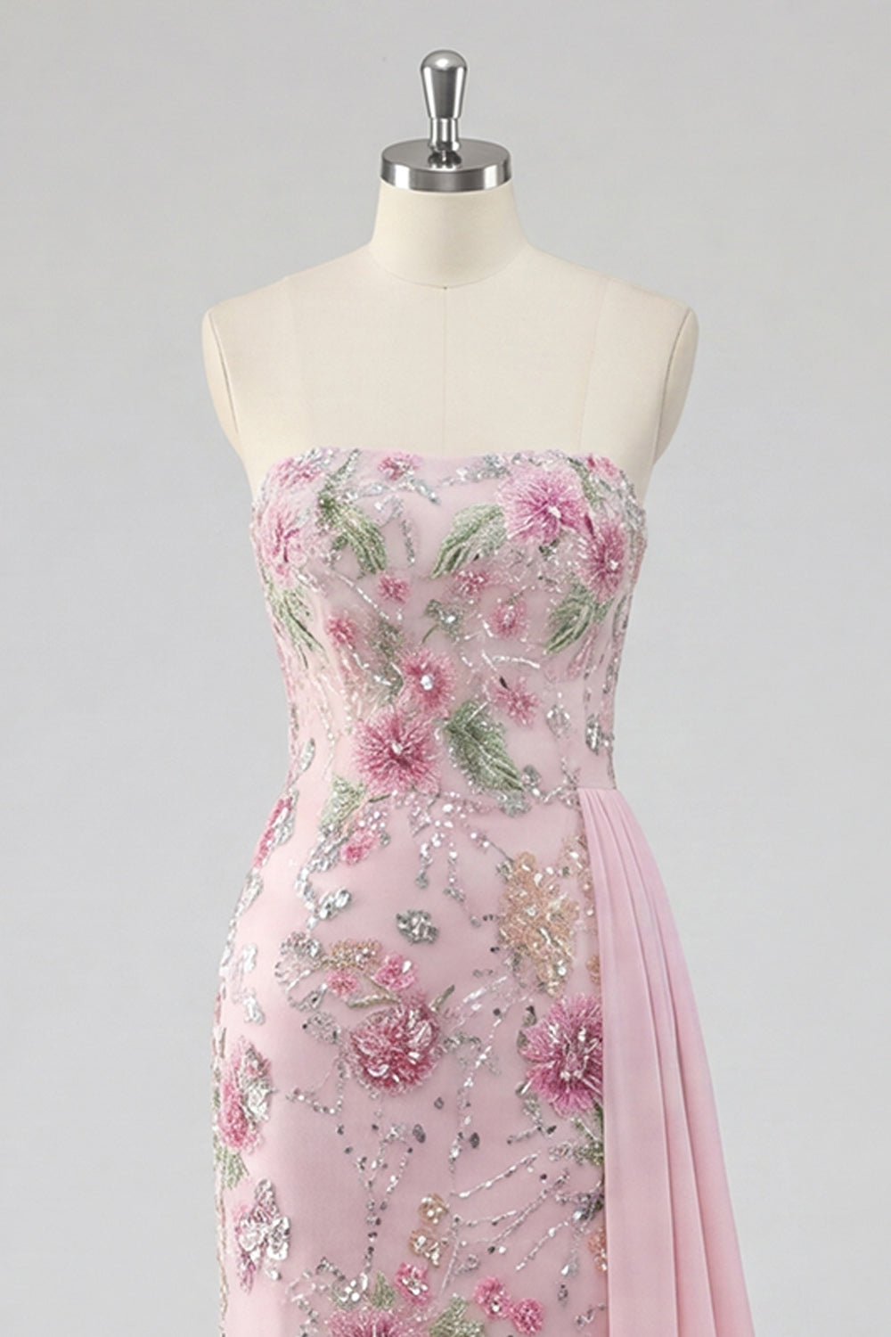 Strapless Pink Floral Sequin Mermaid Prom Dress with Side Streamer