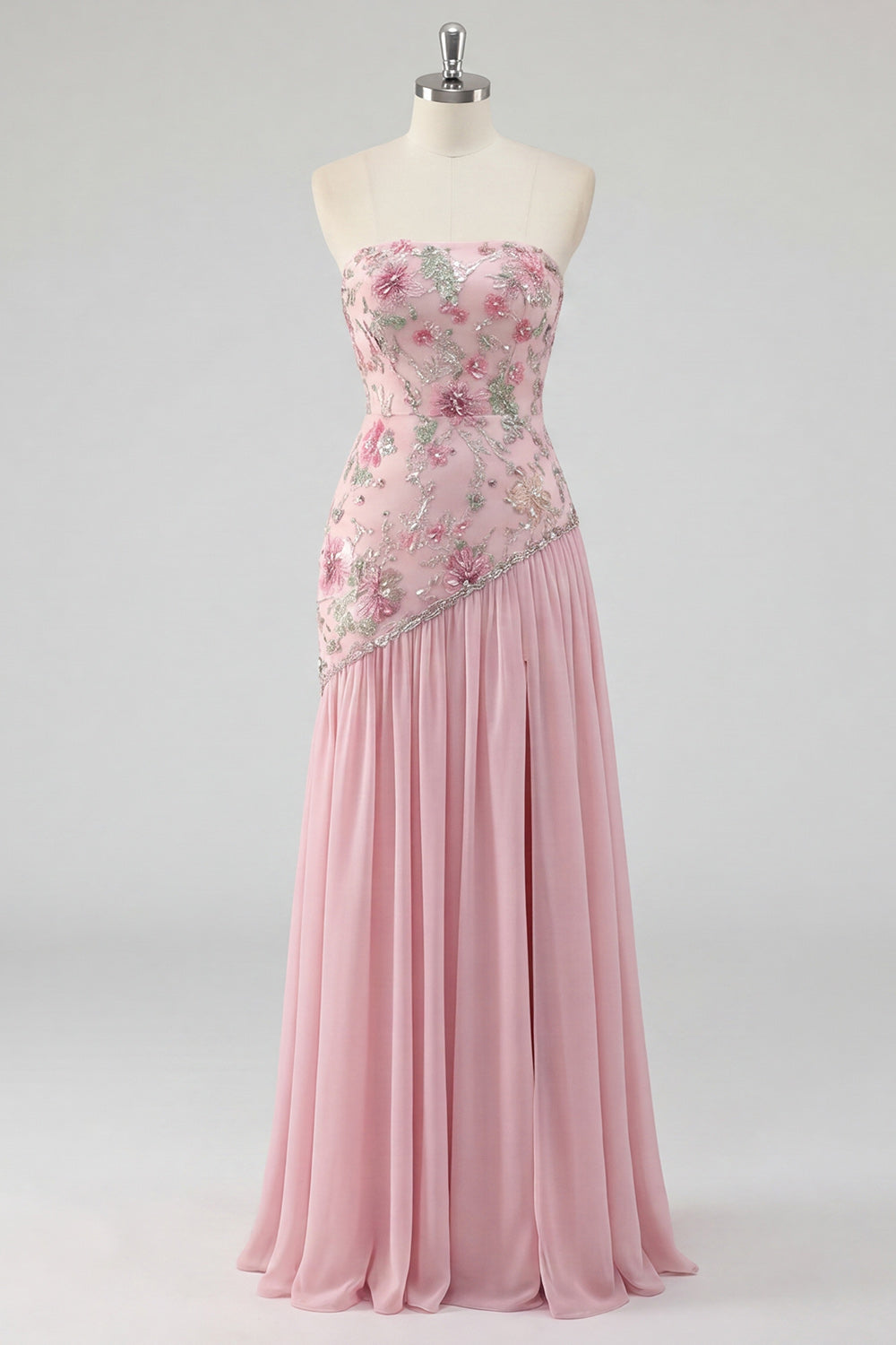 Strapless Pink Floral Sequin Prom Dress with Silt