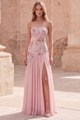 Strapless Pink Floral Sequin Prom Dress with Silt