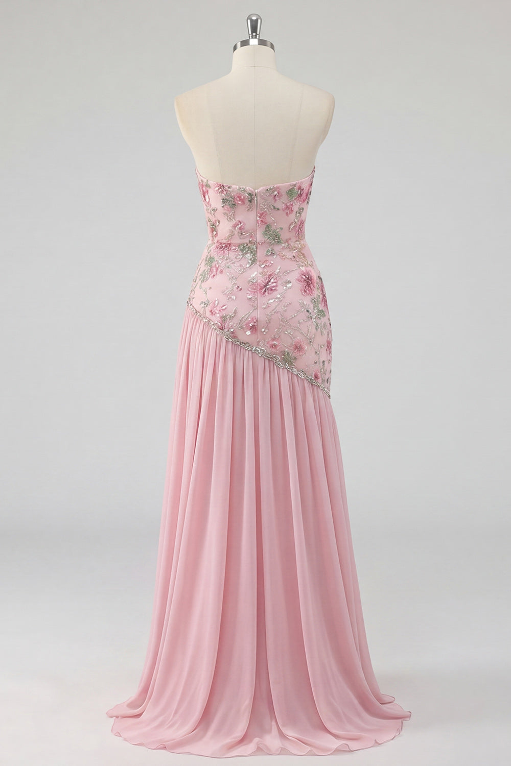 Strapless Pink Floral Sequin Prom Dress with Silt