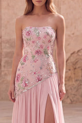 Strapless Pink Floral Sequin Prom Dress with Silt