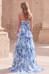 Strapless Tiered White Blue Floral A Line Ruffled Prom Dress