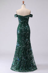 Sparkly Dark Green Off the Shoulder Mermaid Prom Dress with Slit