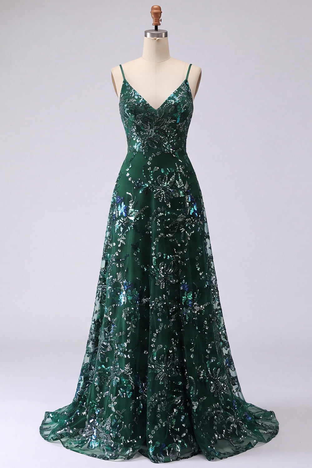 Dark Green Sequin A Line Maxi Prom Dress
