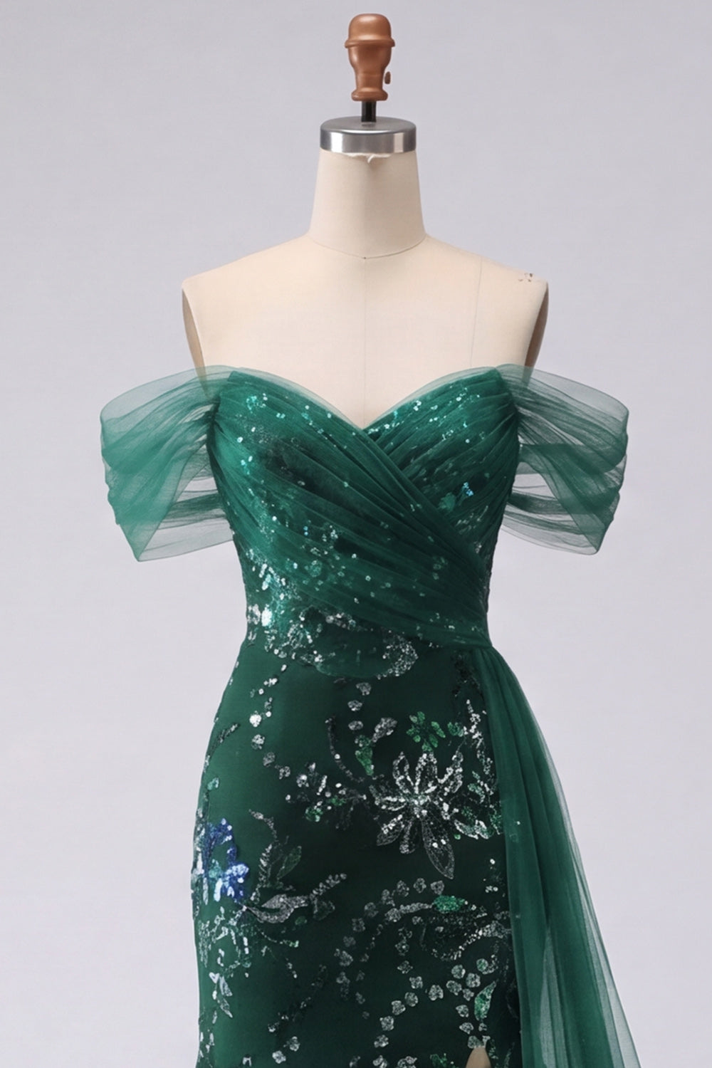 Off the Shoulder Sequin Ruched Dark Green A Line Prom Dress